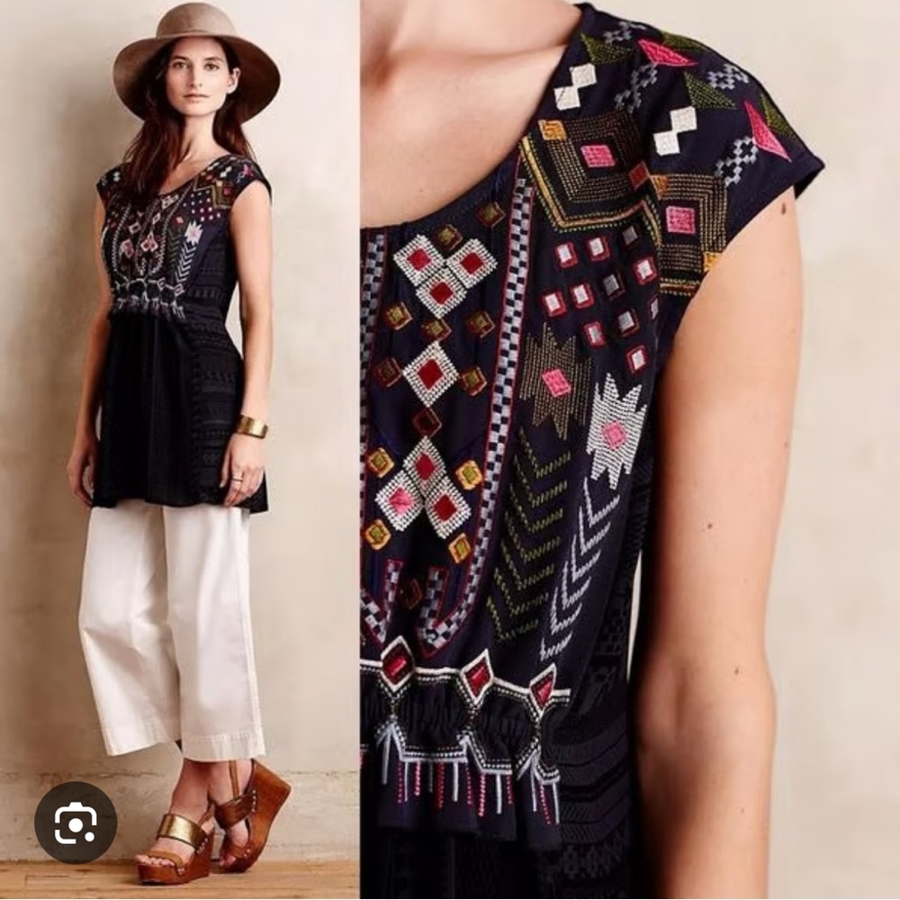 Anthropologie One September Barranco Embroidered Short Sleeve Geo Bohemian Tunic